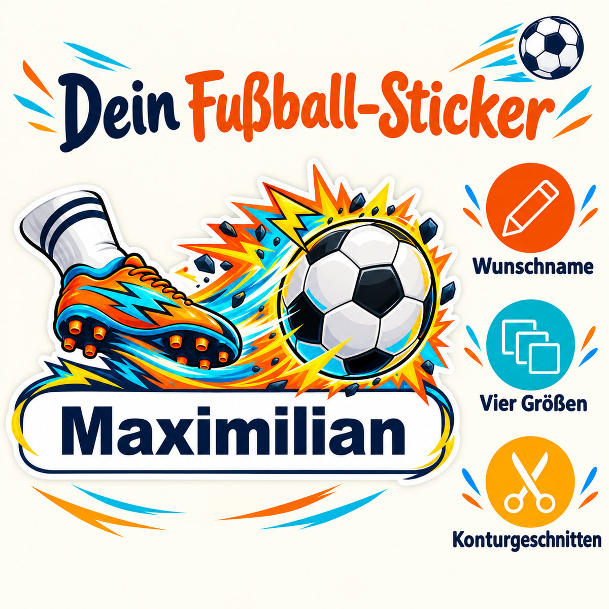 Fußball-Sticker Power-Schuss: Personalisierung mit Name auf weißem Banner