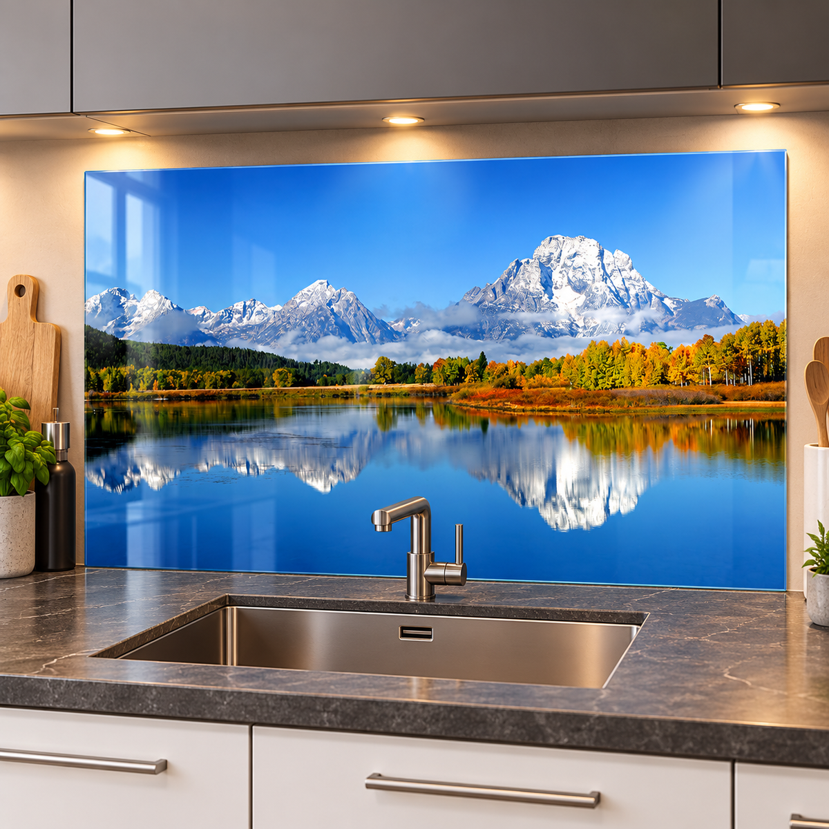 Glas-Spritzschutz Bergsee mit Herbstwald hinter einer Küchenspüle
