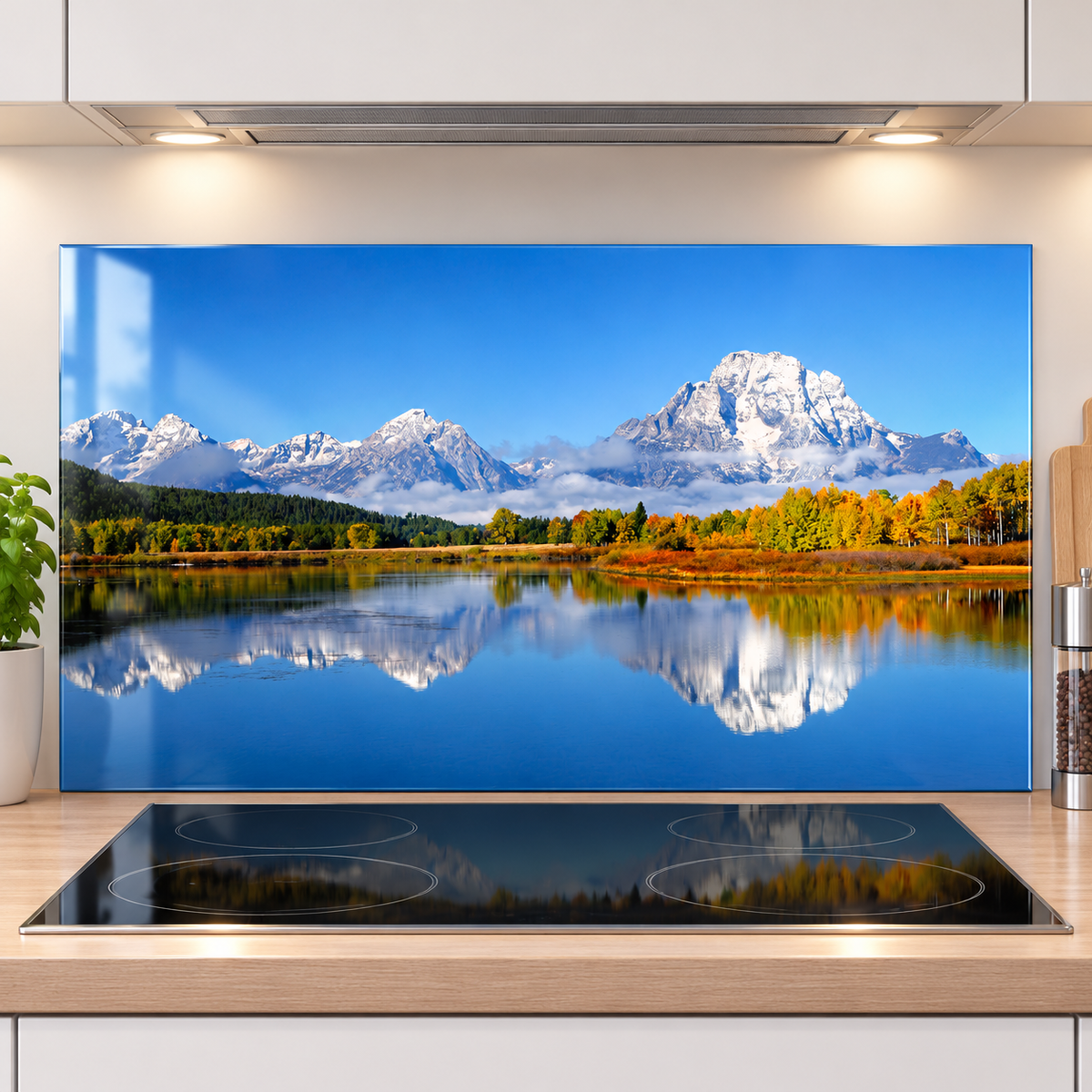Glas-Spritzschutz Bergsee mit Herbstwald in einer Küche