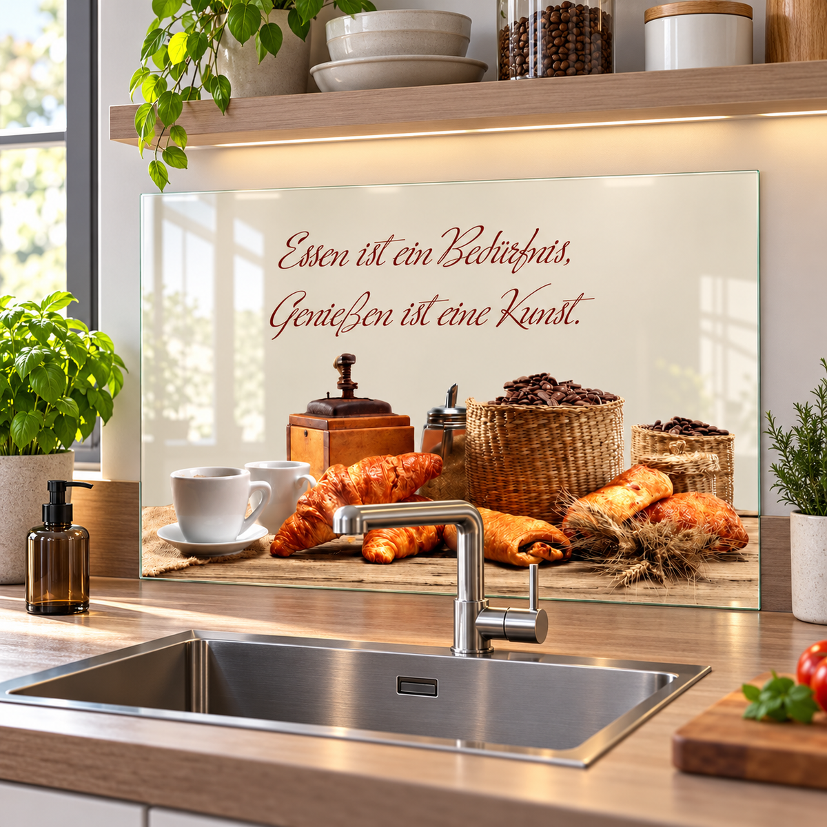 Glas-Spritzschutz Kaffee, Croissants und Genuss hinter einer Küchenspüle