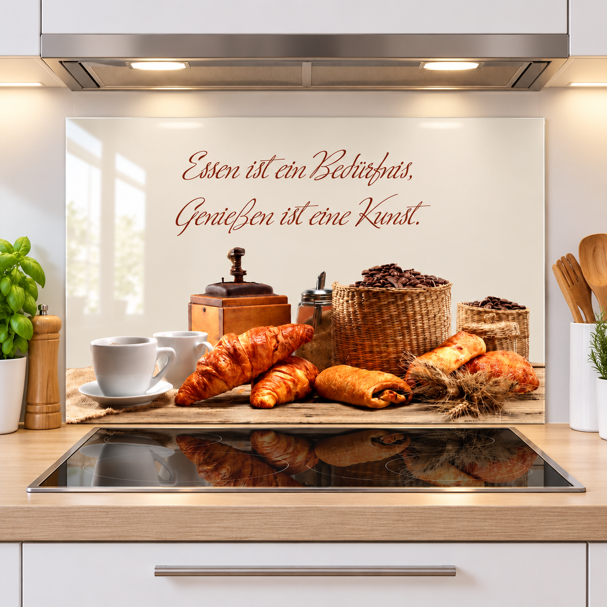 Glas-Spritzschutz Kaffee, Croissants und Genuss in einer Küche