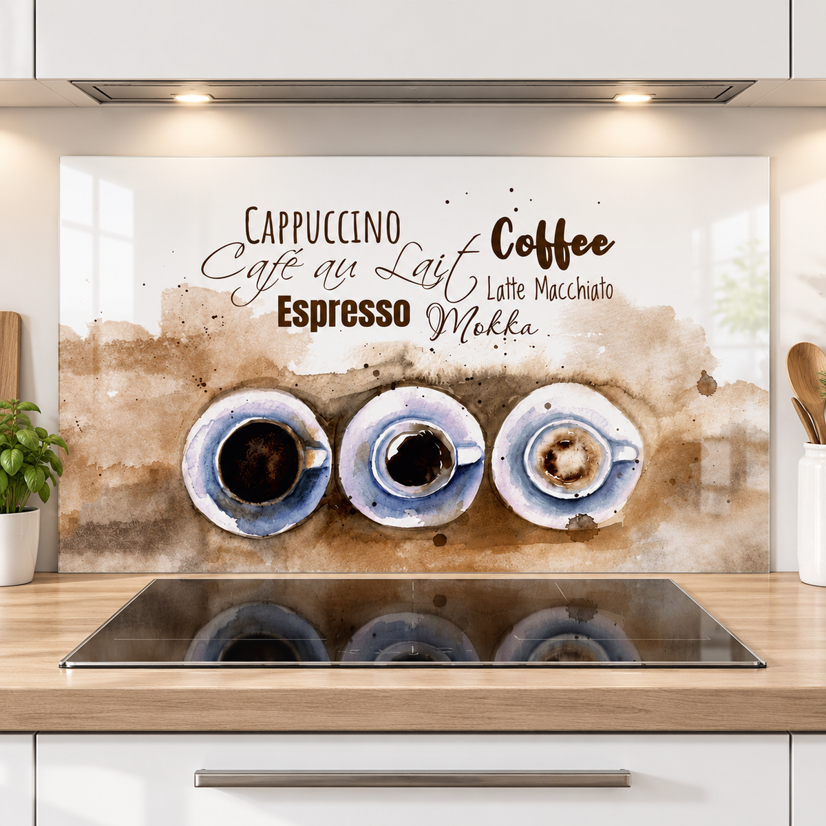 Glas-Spritzschutz Kaffee-Aquarell mit Tassen in einer Küche