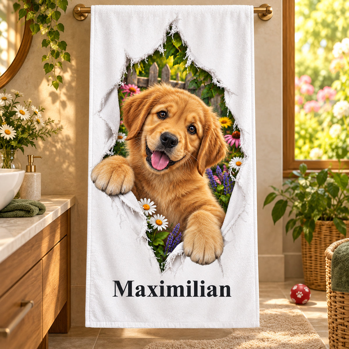 Handtuch mit Golden-Retriever-Welpen und Wunschname, im Badezimmer