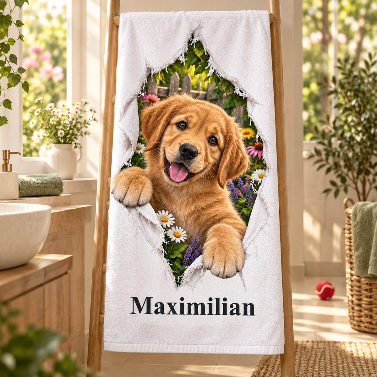 Handtuch mit Golden-Retriever-Welpen und Wunschname, auf einer Handtuchleiter im Bad