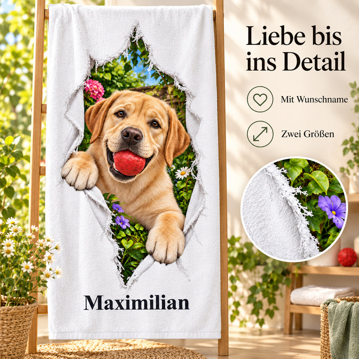 Handtuch mit Labrador und Wunschname, mit Hinweisen zu Wunschname und Größen
