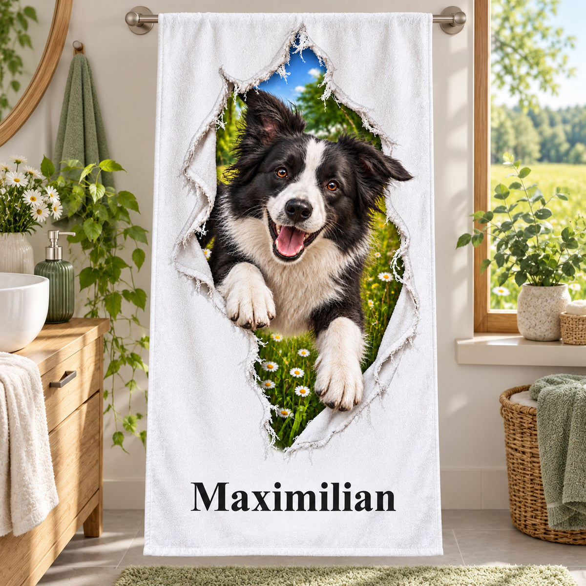Handtuch mit Border Collie und Wunschname, im Badezimmer