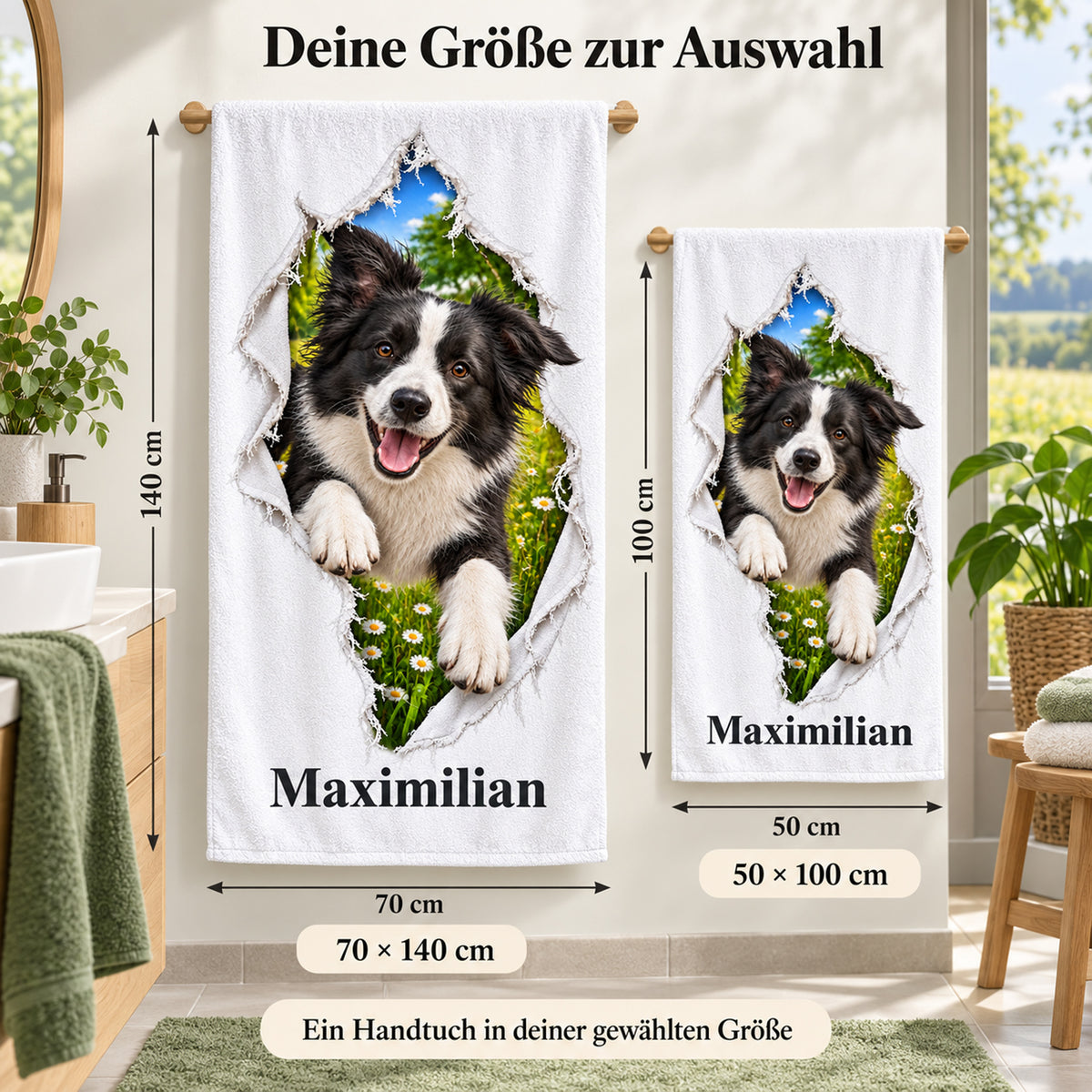 Handtuch mit Border Collie und Wunschname, in den Größen 50 × 100 und 70 × 140 cm