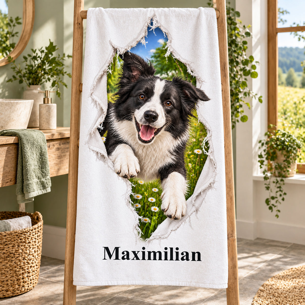 Handtuch mit Border Collie und Wunschname, auf einer Handtuchleiter im Bad