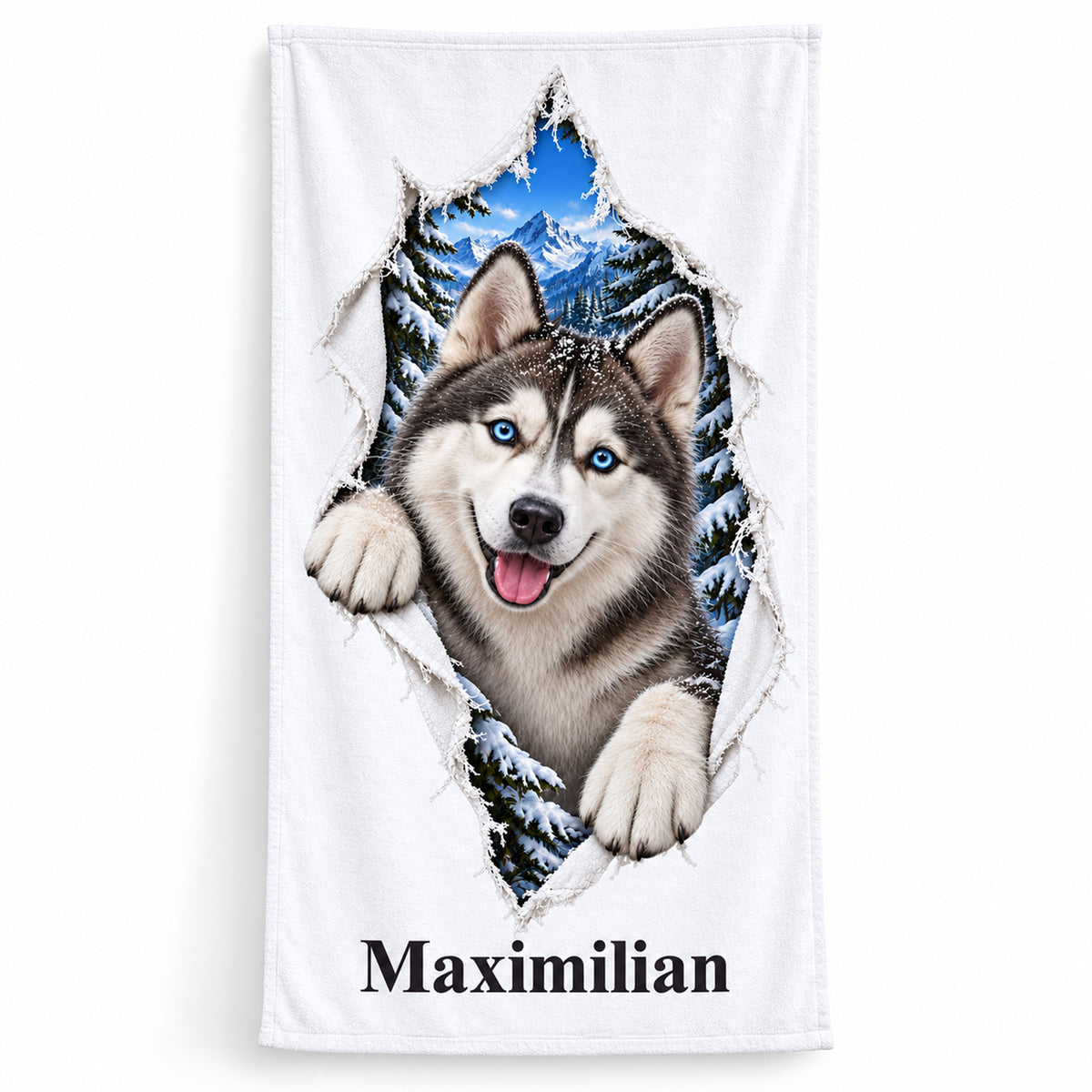 Handtuch mit Husky und Wunschname, frontal auf weißem Hintergrund