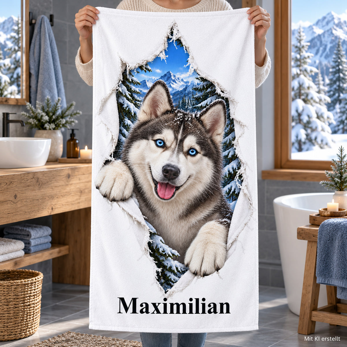 Handtuch mit Husky und Wunschname, von Händen gehalten
