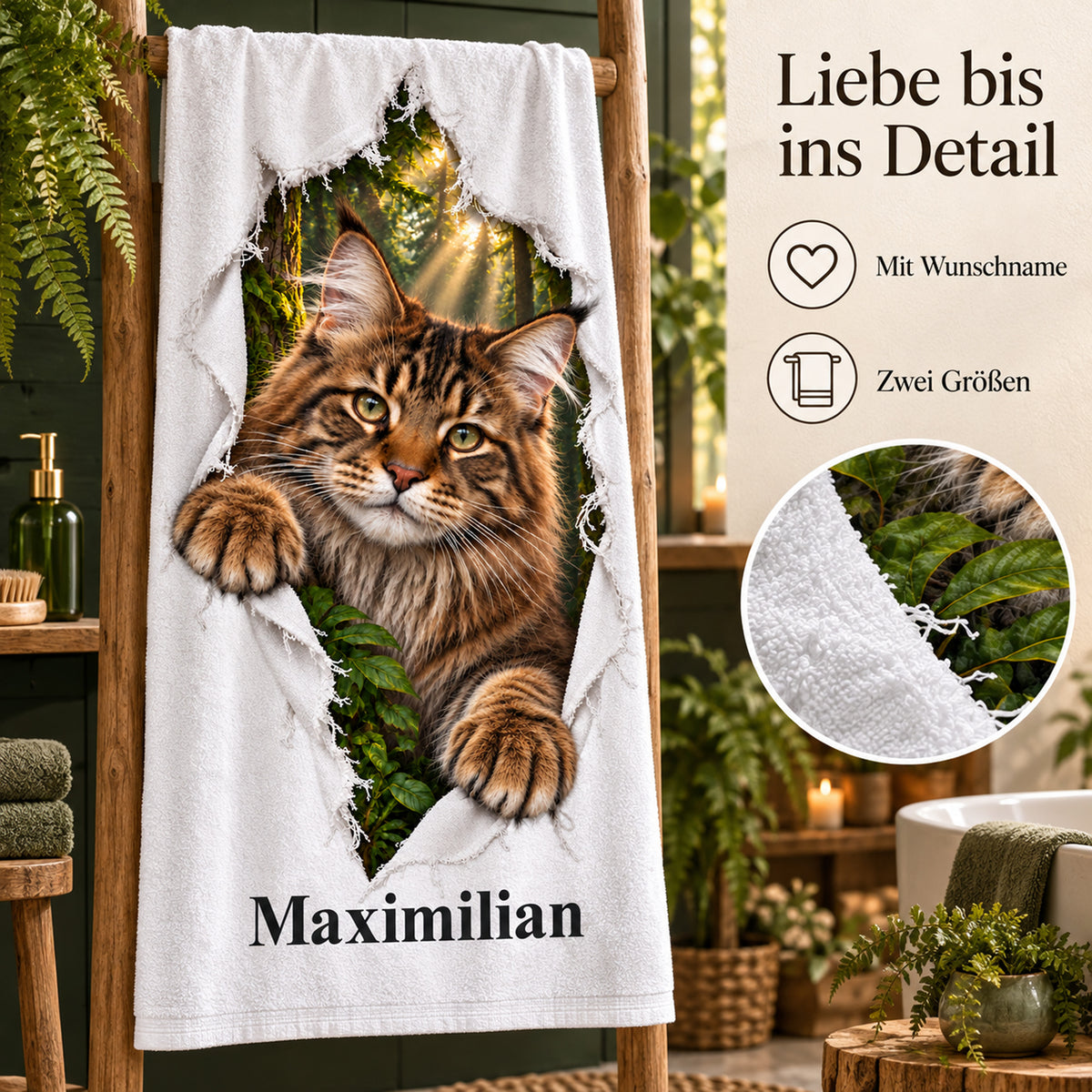 Handtuch mit Maine Coon und Wunschname, mit Hinweisen zu Wunschname und Größen