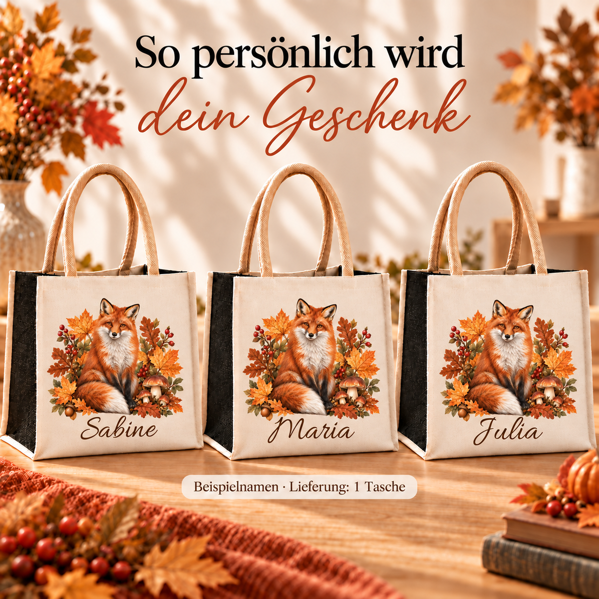 Drei Taschen mit herbstlichem Fuchs-Motiv und unterschiedlichen Wunschnamen.