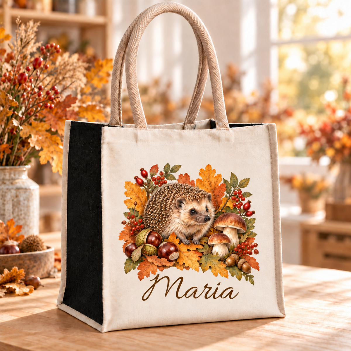 Einkaufstasche mit herbstlichem Igel-Motiv und Wunschname im herbstlichen Atelier.