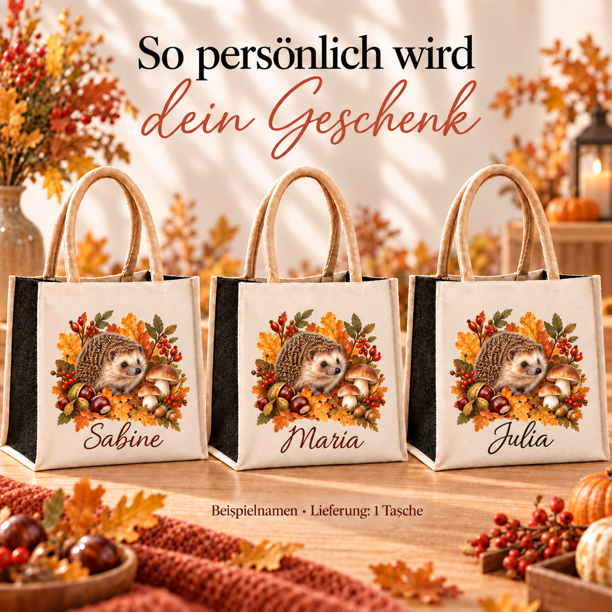 Drei Taschen mit herbstlichem Igel-Motiv und unterschiedlichen Wunschnamen.