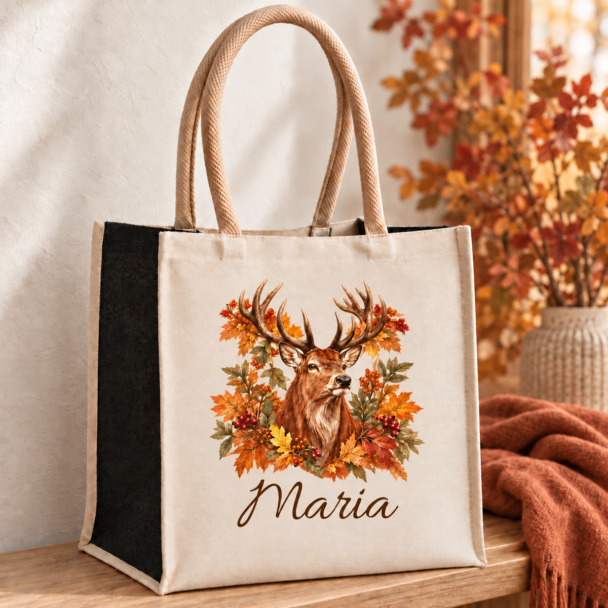 Einkaufstasche mit herbstlichem Hirsch-Motiv und Wunschname auf einer Holzbank.