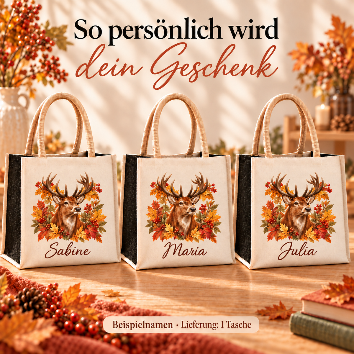 Drei Taschen mit herbstlichem Hirsch-Motiv und unterschiedlichen Wunschnamen.