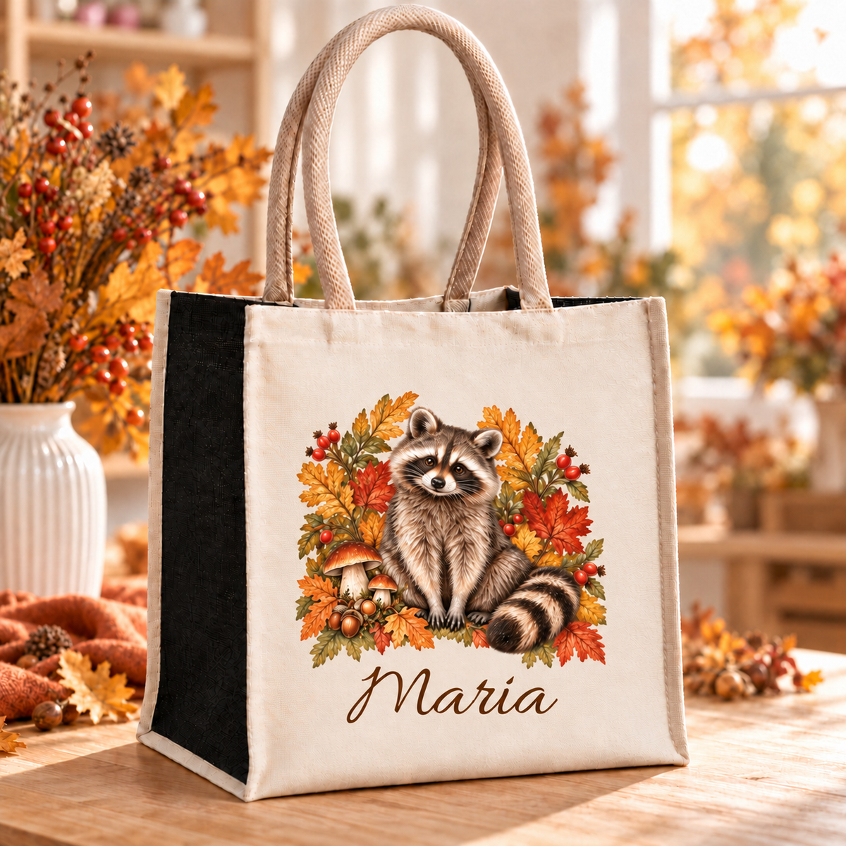 Einkaufstasche mit herbstlichem Waschbär-Motiv und Wunschname im herbstlichen Atelier.