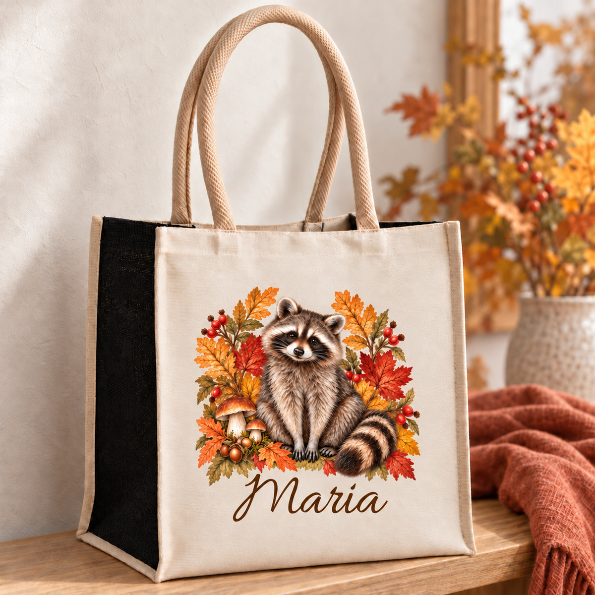 Einkaufstasche mit herbstlichem Waschbär-Motiv und Wunschname auf einer Holzbank.