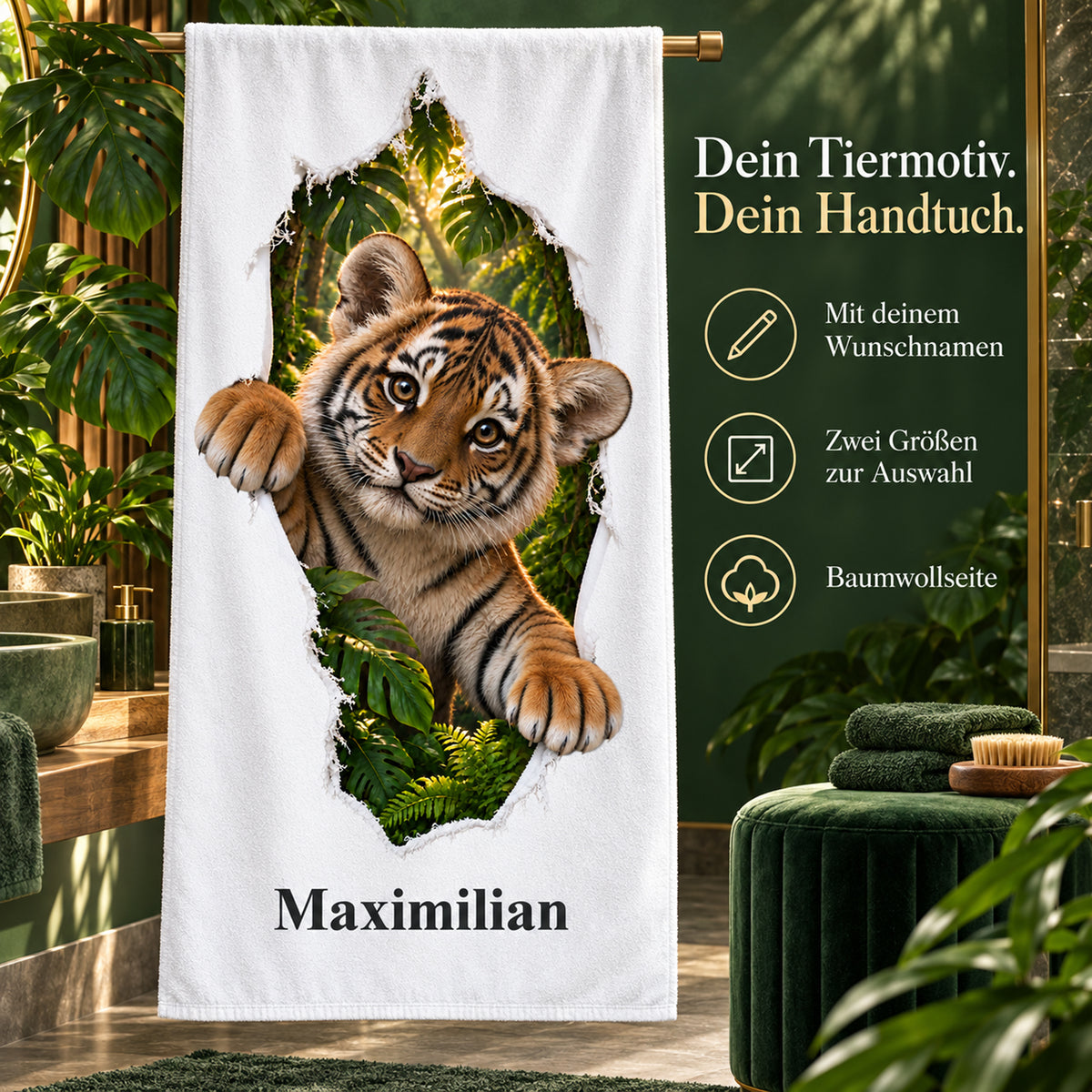 Handtuch mit Tiger-Motiv, Namensaufdruck und Hinweisen zu Produkt und Größen