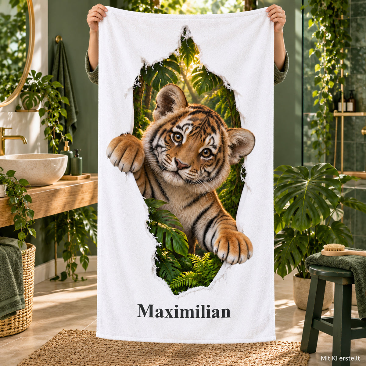 Hände halten ein Handtuch mit Tiger-Motiv und Namensaufdruck im Badezimmer