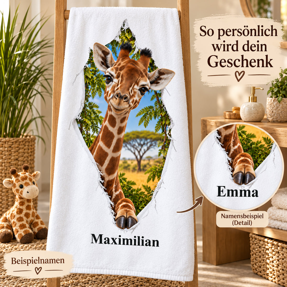 Giraffe-Handtuch mit Namensaufdruck und Detailausschnitt eines weiteren Namensbeispiels