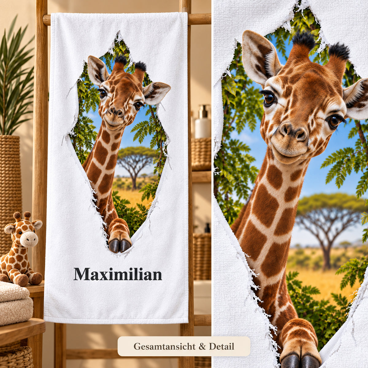 Gesamtansicht des personalisierten Giraffe-Handtuchs mit Nahaufnahme des gedruckten Tiermotivs