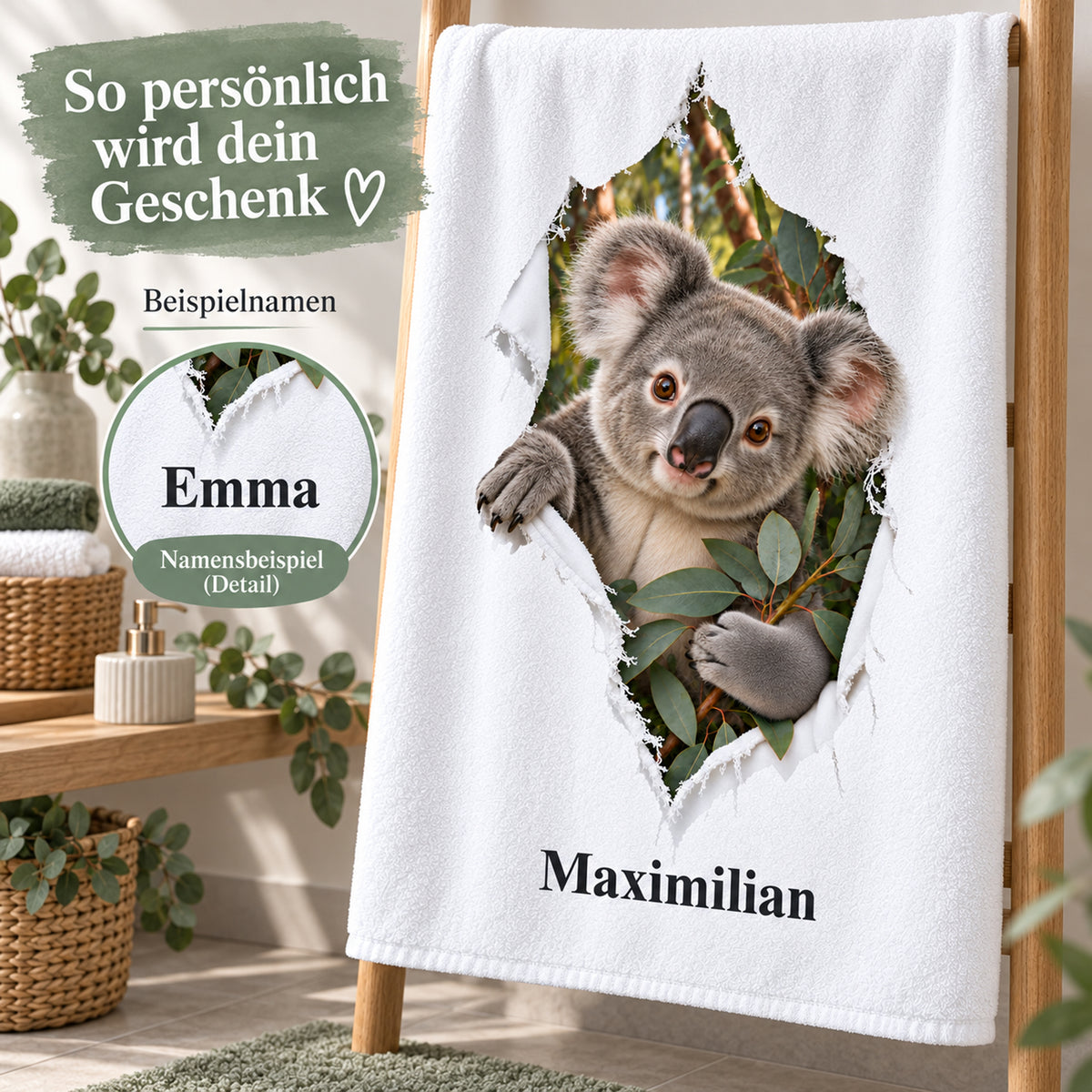 Koala-Handtuch mit Namensaufdruck und Detailausschnitt eines weiteren Namensbeispiels