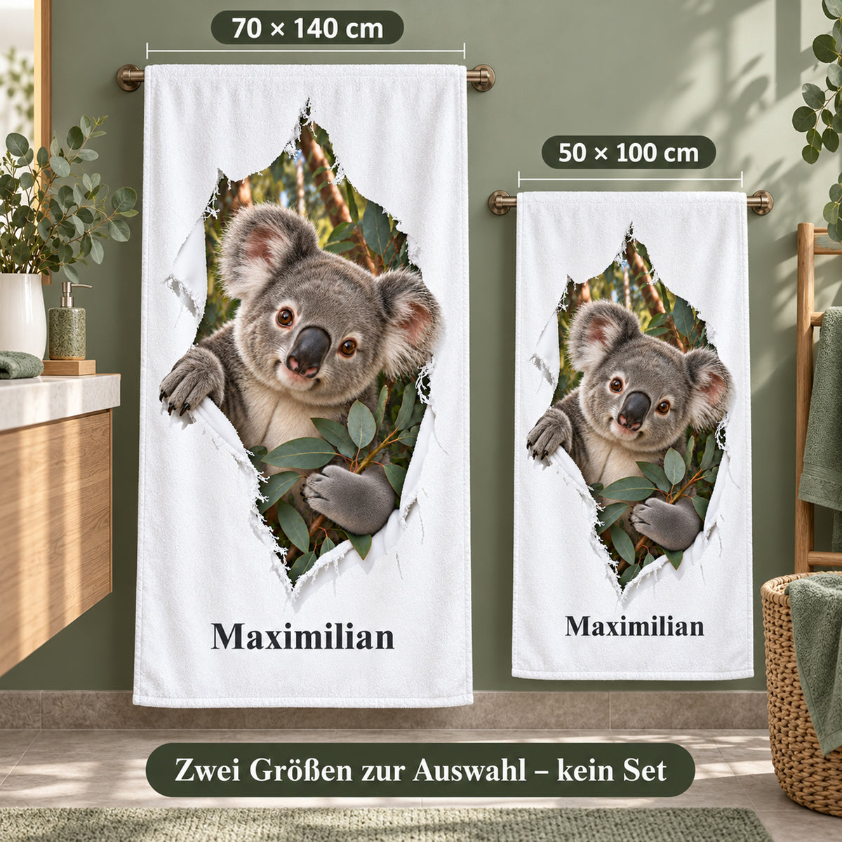 Koala-Handtuch mit Namen in den beiden wählbaren Größen 50 mal 100 und 70 mal 140 Zentimeter