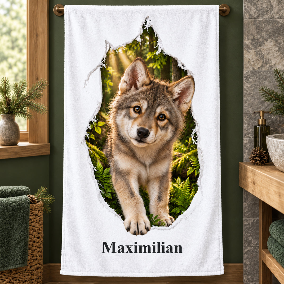 Handtuch mit Wolf-Motiv und Namensaufdruck im thematisch gestalteten Badezimmer