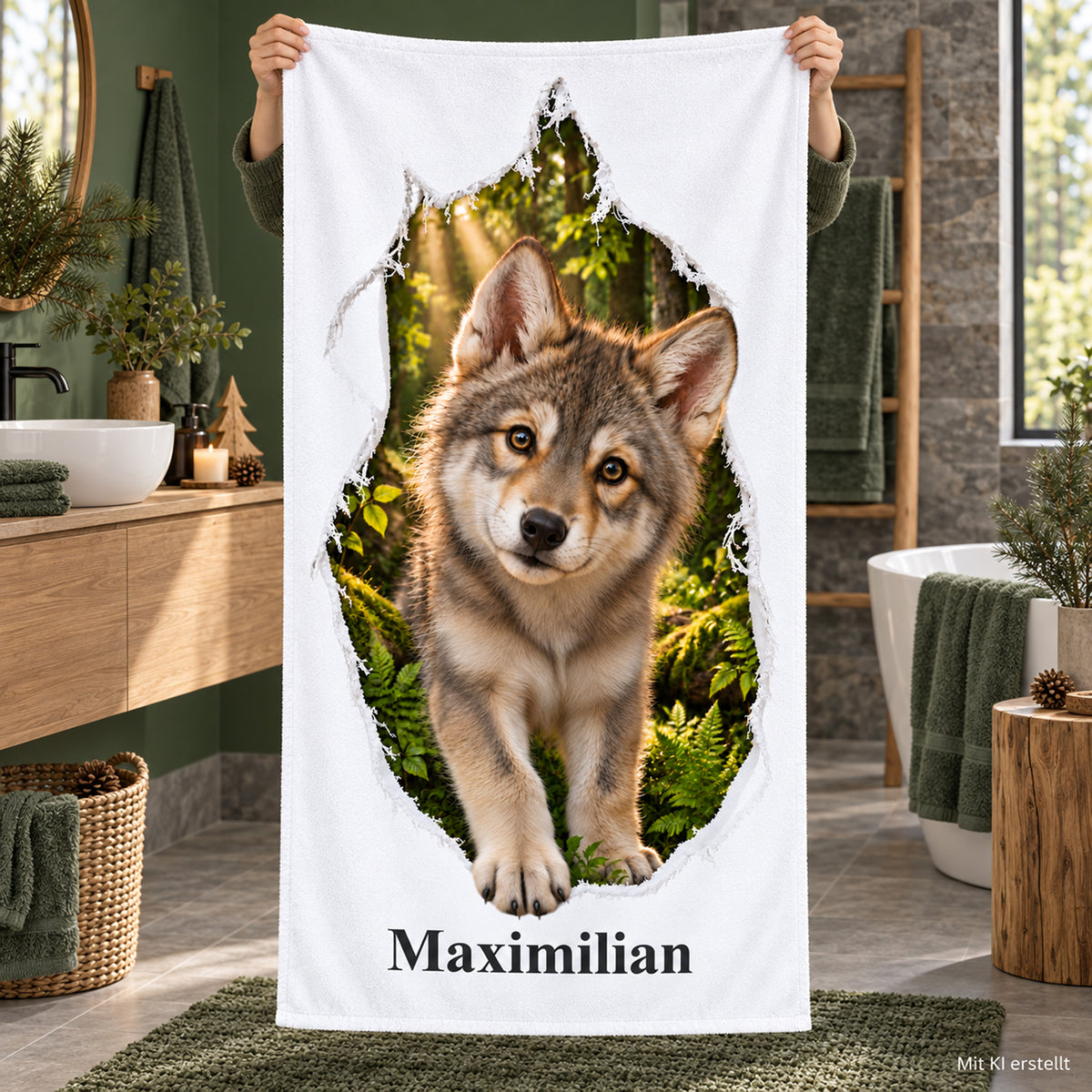 Hände halten ein Handtuch mit Wolf-Motiv und Namensaufdruck im Badezimmer