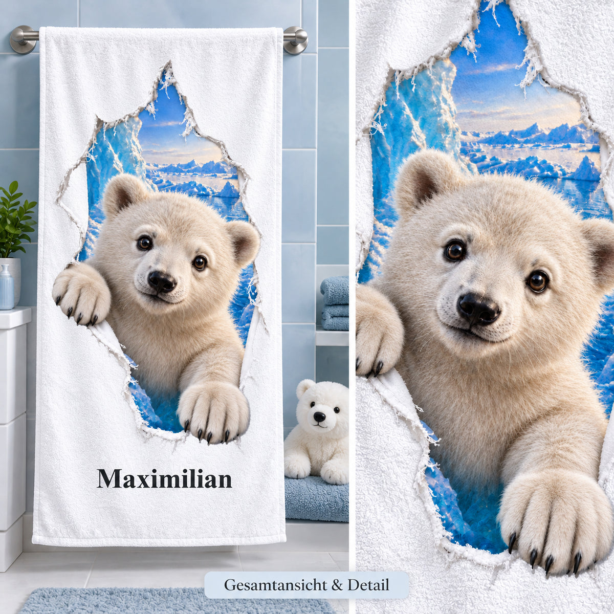 Gesamtansicht des personalisierten Eisbär-Handtuchs mit Nahaufnahme des gedruckten Tiermotivs