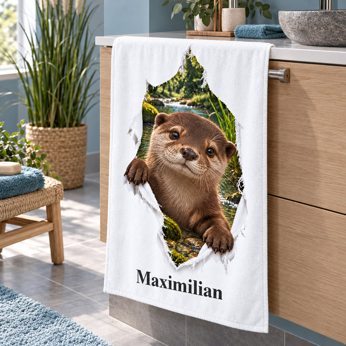 Personalisiertes Otter-Handtuch aus einer seitlichen Perspektive im Badezimmer