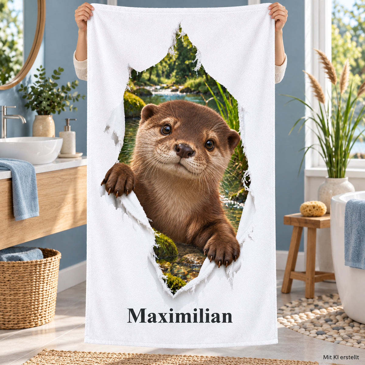 Hände halten ein Handtuch mit Otter-Motiv und Namensaufdruck im Badezimmer