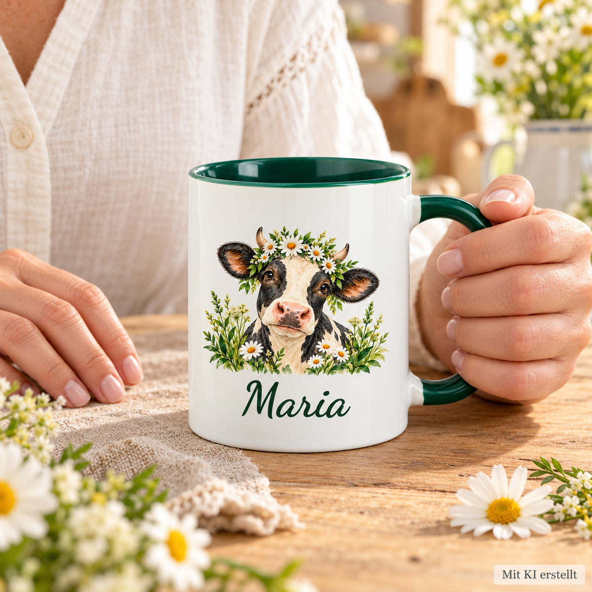 Von einer Hand am Henkel gehaltene Kuh-Tasse mit schwarz-weißer Kuh mit Gänseblümchenkranz und Wunschname; Bildhinweis „Mit KI erstellt“