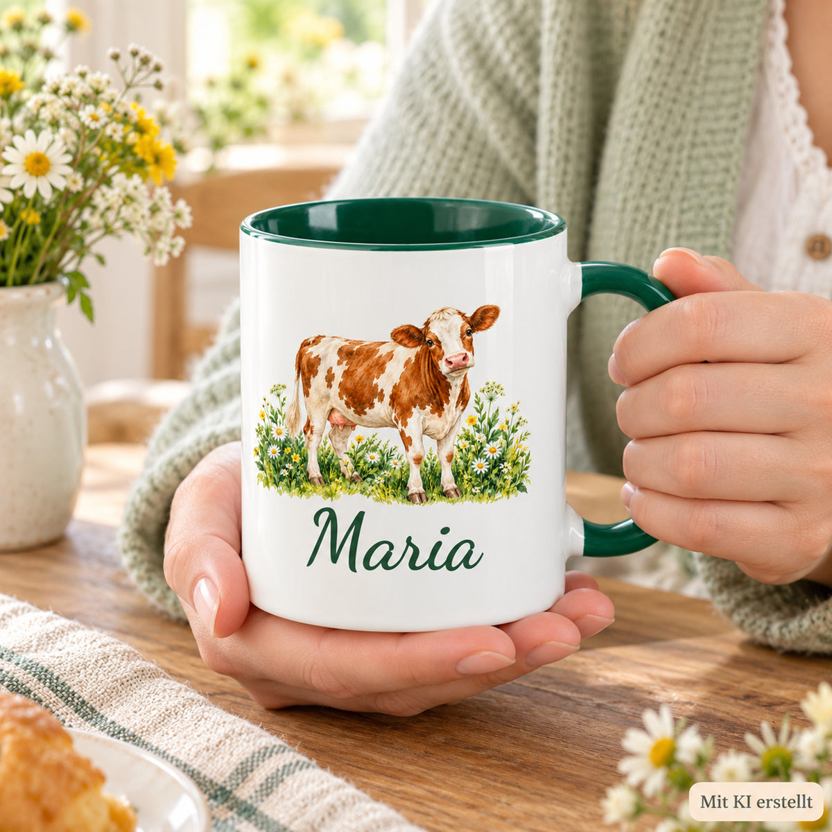 In zwei Händen gehaltene Kuh-Tasse mit braun-weißer Kuh zwischen Wildblumen und Wunschname; Bildhinweis „Mit KI erstellt“