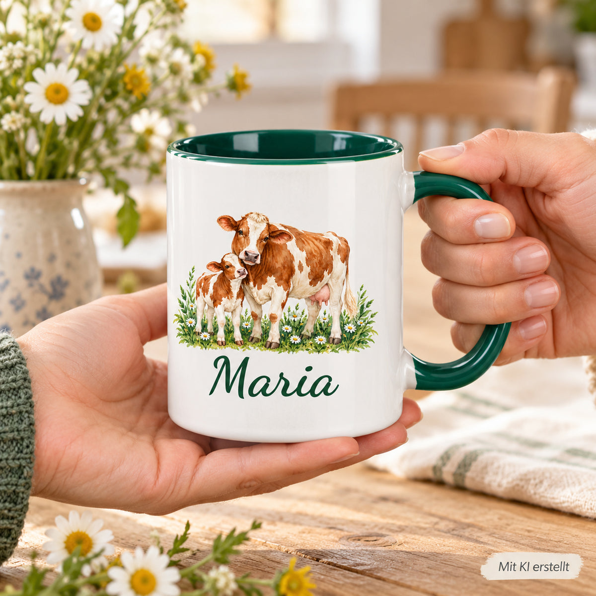 In zwei Händen gehaltene Kuh-Tasse mit braun-weißer Kuh und Kälbchen zwischen Wiesenblumen und Wunschname; Bildhinweis „Mit KI erstellt“