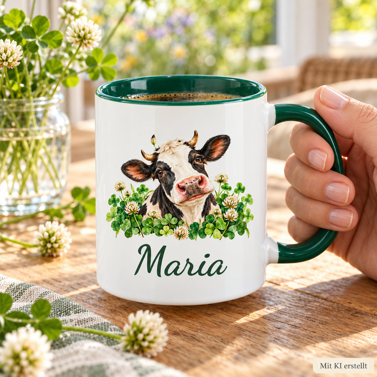 Von einer Hand am Henkel gehaltene Kuh-Tasse mit schwarz-weißer Kuh zwischen Kleeblättern und Blüten und Wunschname; Bildhinweis „Mit KI erstellt“