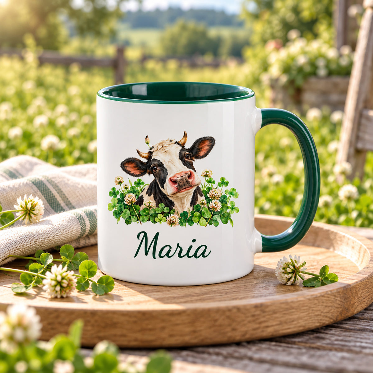 Kuh-Tasse mit schwarz-weißer Kuh zwischen Kleeblättern und Blüten und Wunschname auf einem Holztablett mit Stoffserviette und Wiesenblumen