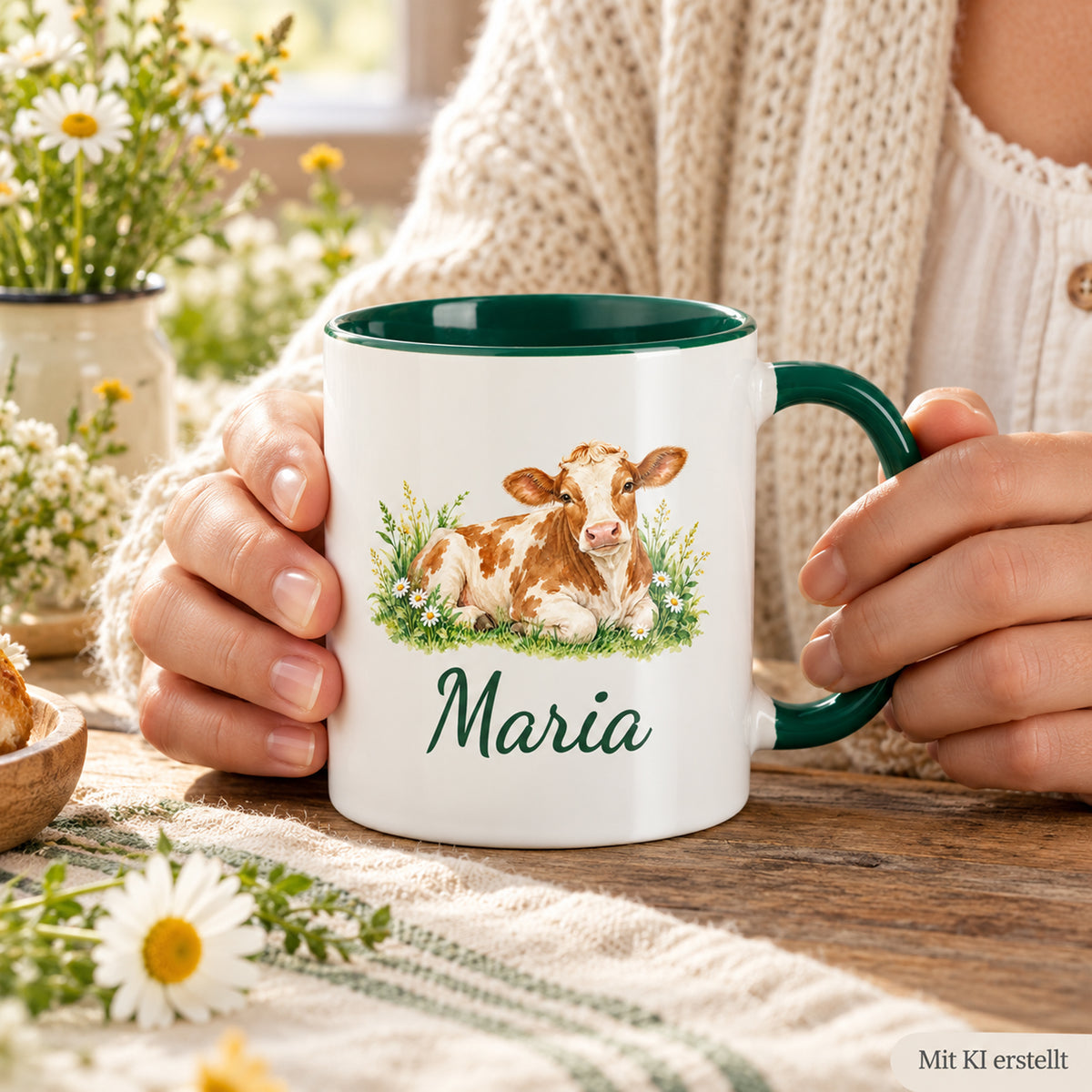 In zwei Händen gehaltene Kuh-Tasse mit ruhender braun-weißer Kuh mit Gänseblümchen und Wunschname; Bildhinweis „Mit KI erstellt“