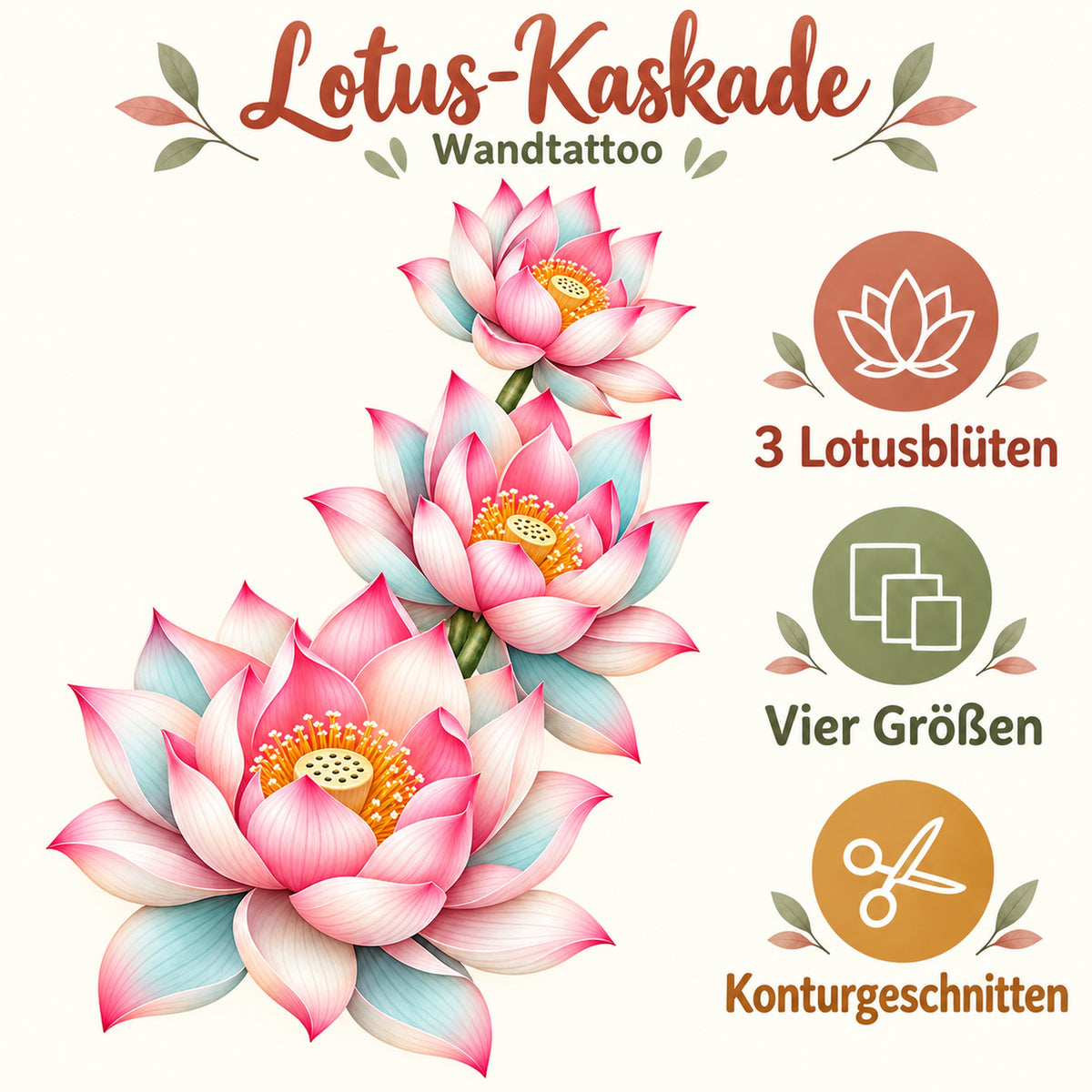 Lotus-Kaskade Wandtattoo – Eigenschaften im warmen Referenzstil