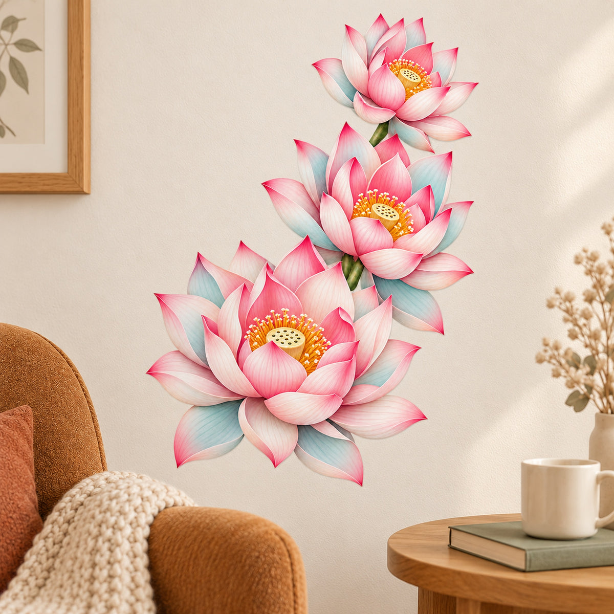 Lotus-Kaskade Wandtattoo – Leseecke im warmen Referenzstil