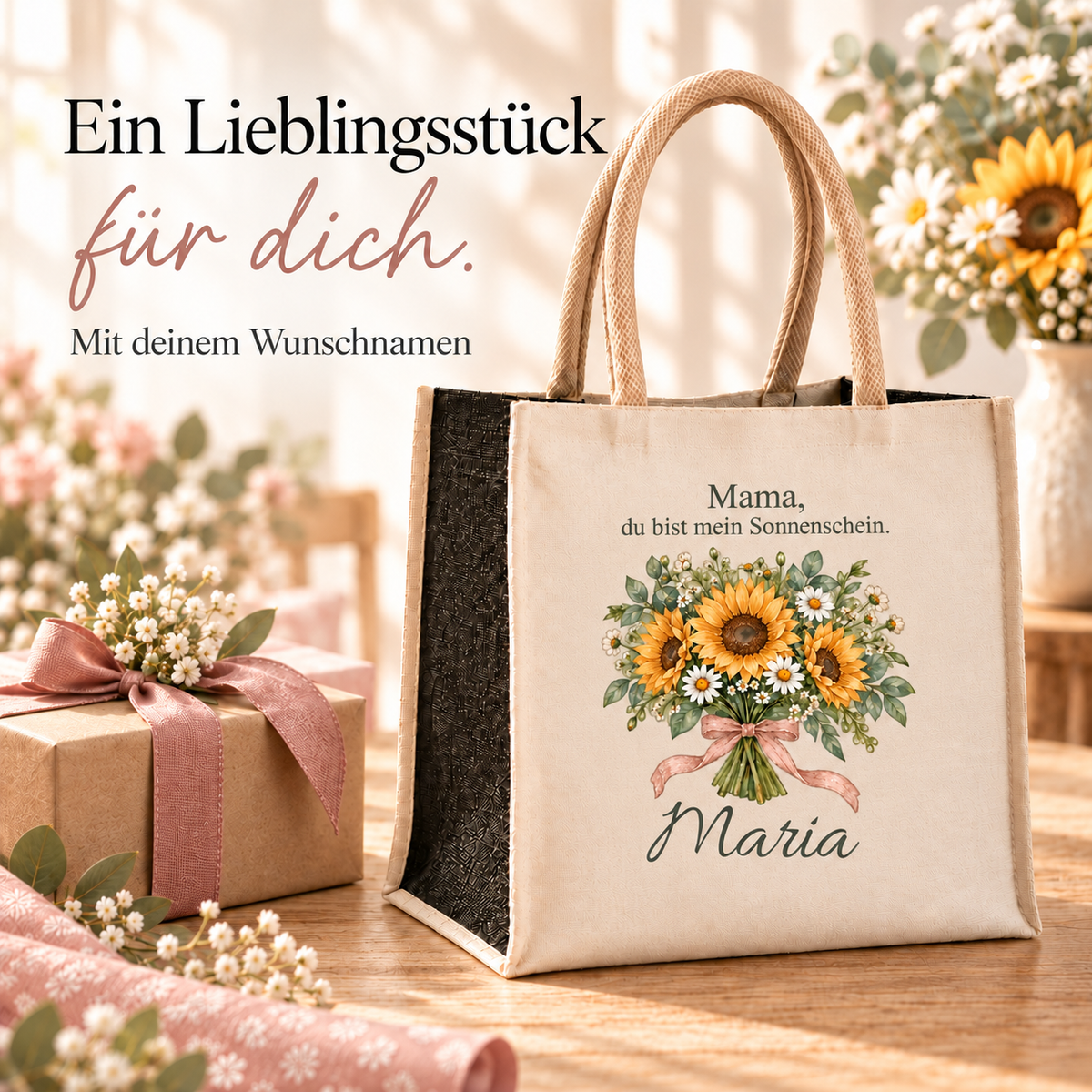 Personalisierte Tasche mit Sonnenblumen als Geschenk für Mama