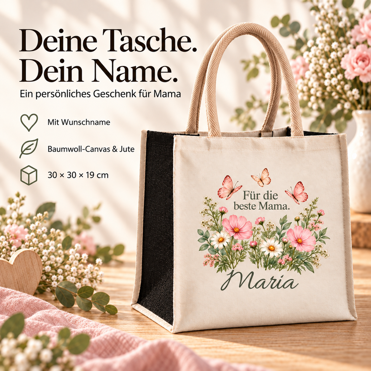 Produktdetails der Canvas-Tasche mit schwarzen Juteseiten und Schmetterlingen
