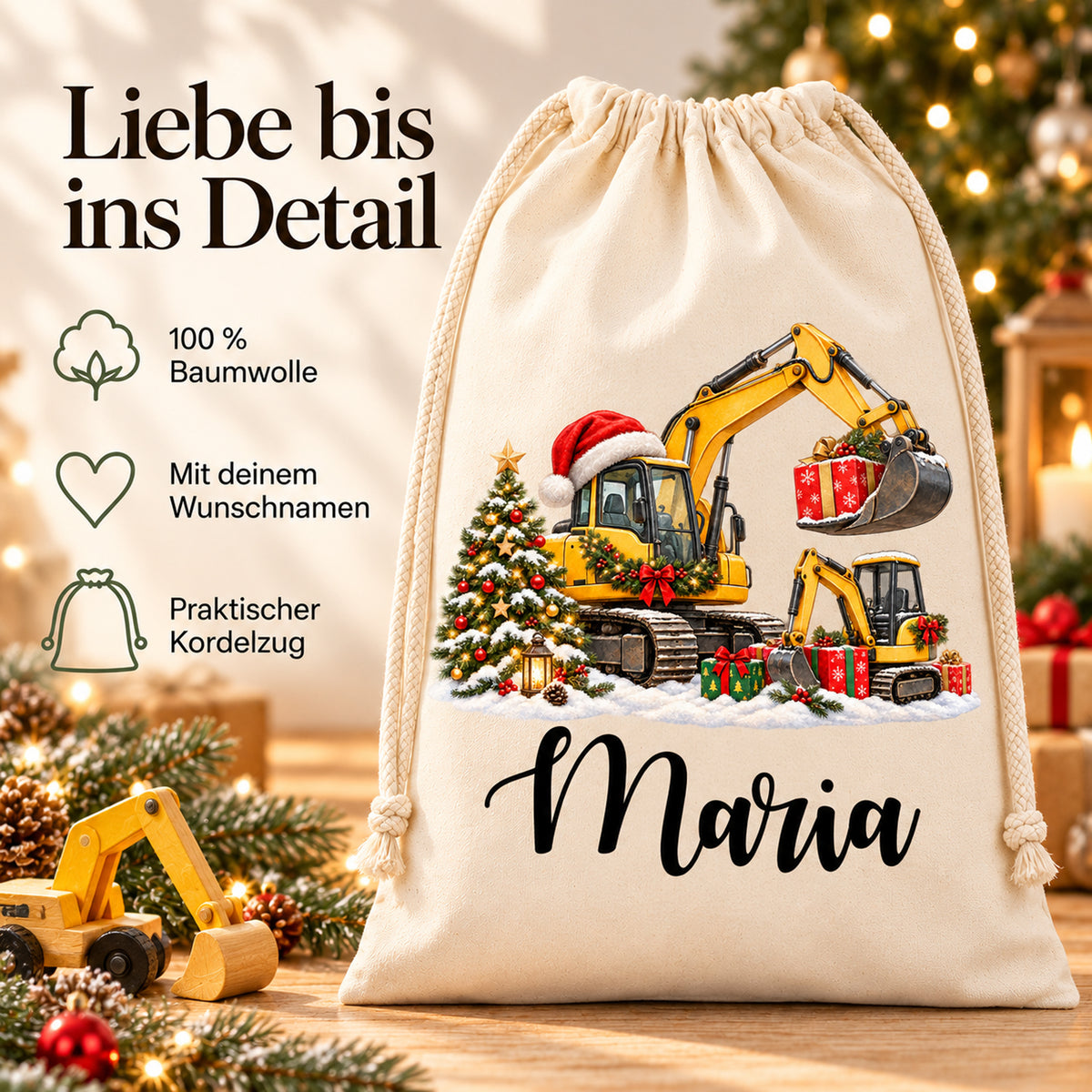 Baustellen-Nikolaussack mit Hinweisen auf 100 % Baumwolle, Wunschname und praktischen Kordelzug.