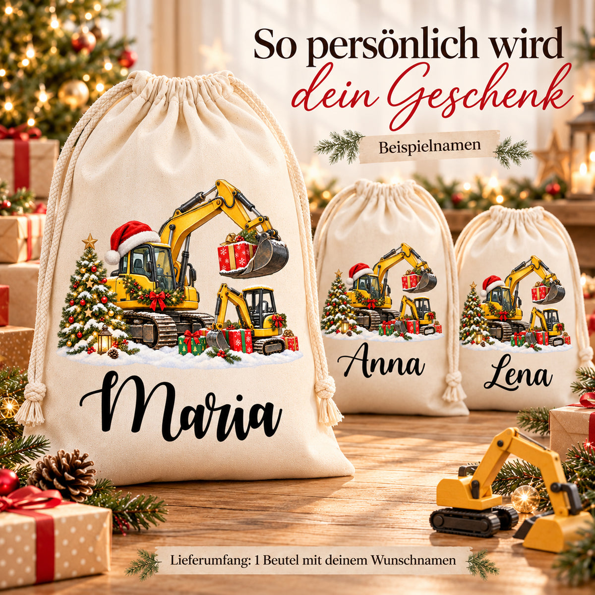 Baustellen-Nikolaussack mit großem Wunschnamen und zwei weiteren Beispielen zur Personalisierung.