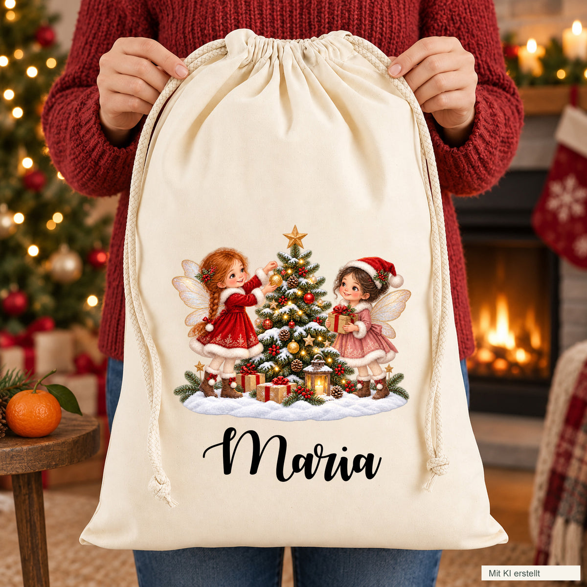 Nikolaussack mit zwei Weihnachtsfeen und dem Beispielnamen Maria, von einer Person im roten Pullover mit beiden Händen gehalten. Unten rechts steht „Mit KI erstellt“.