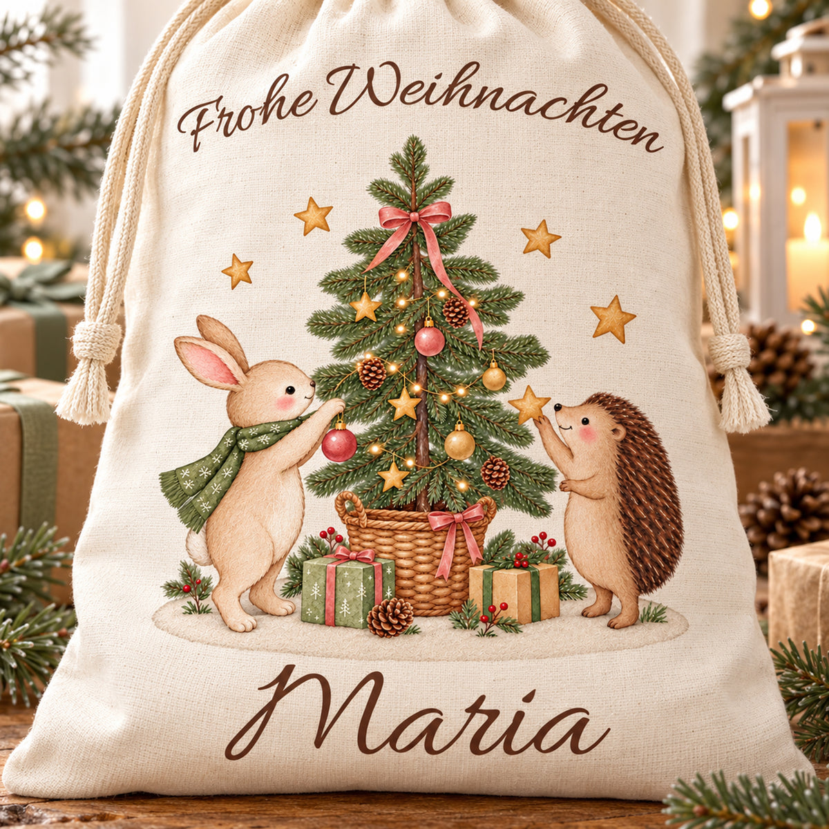 Nahaufnahme des Nikolaussacks mit Hase und Igel, Wunschname und sichtbarer Stoffstruktur.