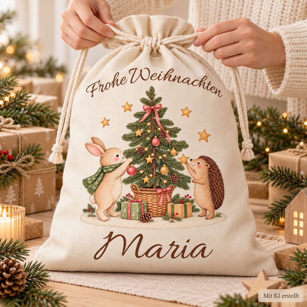Hände ziehen die Kordeln eines Nikolaussacks mit Hase und Igel und Wunschname zu. Hinweis: Mit KI erstellt.