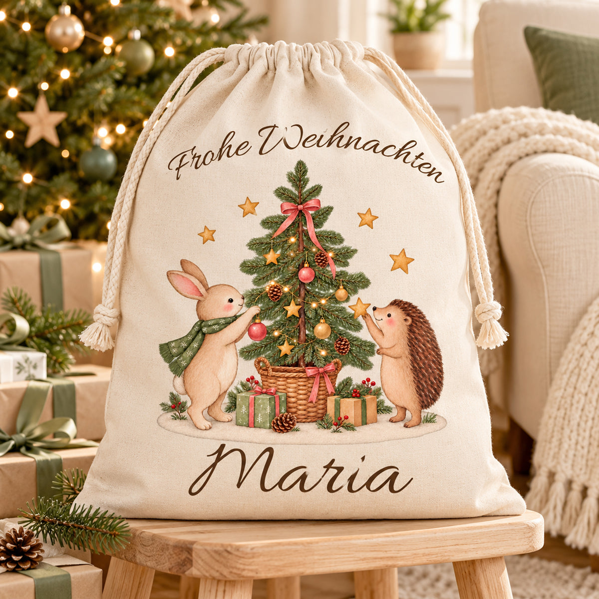 Personalisierter Nikolaussack mit Hase und Igel auf einem Holzhocker im weihnachtlichen Wohnzimmer.