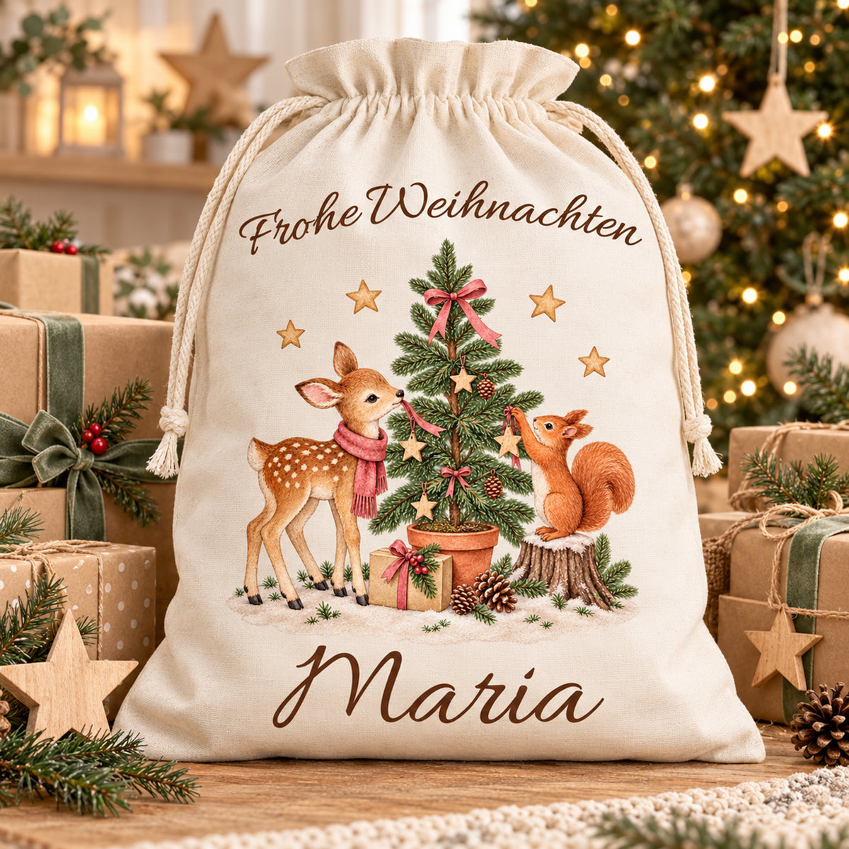 Nikolaussack mit Reh und Eichhörnchen und Wunschname zwischen Geschenken vor einem beleuchteten Weihnachtsbaum.